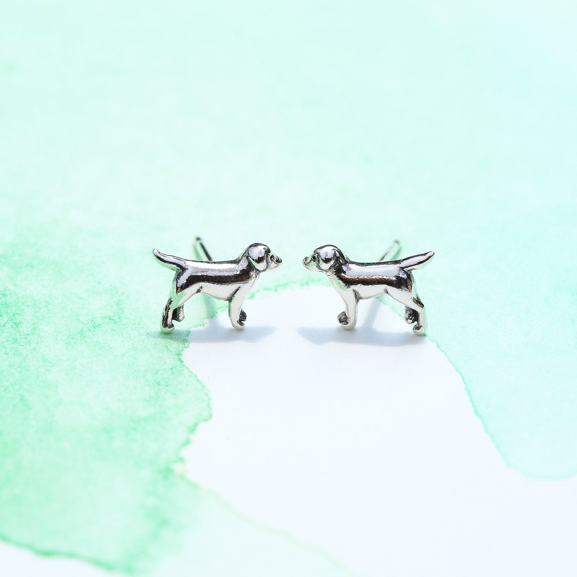 Sterling Silver Earrings Labrador Dog Profile view against painted light green paper background