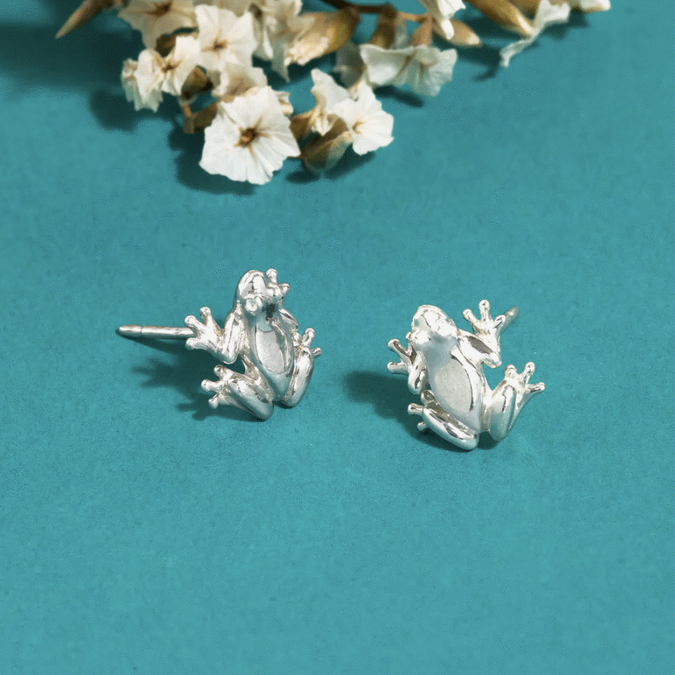 Sterling silver frog earring studs, intricately designed with lifelike details, displayed against a turquoise background with white flowers in the corner.